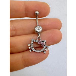 Çelik Barlı Zirkon Taşlı Hello Kitty Li Sallantılı Göbek Piercingi