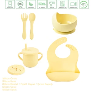 Silikon Vakumlu Kase, Silikon Çatal-Kaşık, Silikon Pipetli Bardak, Çerez Kapağı, Önlük / Sarı