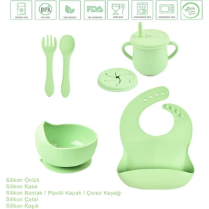 Çocuk Silikon Mama Önlüğü, Silikon Vakumlu Kase, Silikon Çatal-Kaşık, Silikon Pipetli Bardak