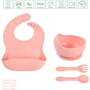 Çocuk Silikon Mama Önlüğü, Silikon Vakumlu Kase, Silikon Kaşık ve Çatal / Pembe