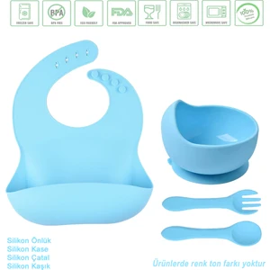 Çocuk Silikon Mama Önlüğü, Silikon Vakumlu Kase, Silikon Kaşık ve Çatal / Mavi