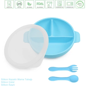 Jojobebek Silikon Beslenme Seti Vakumlu Silikon Mama Tabağı (Kapaklı), Silikon Çatal ve Kaşık /mavi