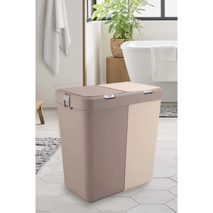 Kahverengi Bej Motek Ikili Dokunmatik Kirli Çamaşır Sepeti Çift Bölmeli Otomatik Kapaklı 80 Lt