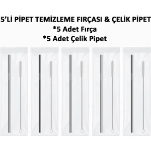 Cup 5'li Paket 10 Parça - 5 Adet Paslanmaz Çelik Metal Pipet ve 5 Adet Pipet Temizleme Fırçası