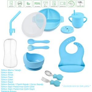 Silikon Beslenme Seti / Vakumlu, Kapaklı Silikon Mama Tabağı, Kase, Çatal, Kaşık, Pipet, Önlük, Pipetli Bardak, Çerez Kapağı, Paslanmaz Çelik Çatal ve Kaşık, Saklama Kutusu / Mavi Renk