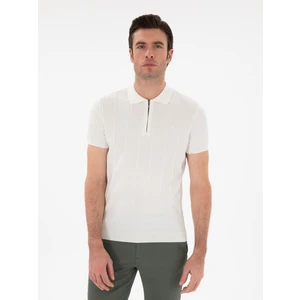 Erkek Beyaz Slim Fit Nervürlü Fermuarlı Polo Yaka Triko T-Shirt 50309871-VR013