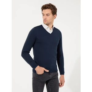 Erkek Lacivert Slim Fit V Yaka Basic Triko Kazak 50231721-VR033