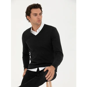 Erkek Antrasit Melanj Slim Fit V Yaka Basic Triko Kazak 50231721-VR081
