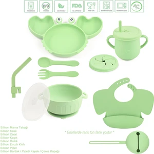 Silikon Beslenme Seti, Kapaklı Vakumlu Mama Tabağı Ve Kase, Silikon Önlük, Bardak Ve Kaşık(YEŞİL)
