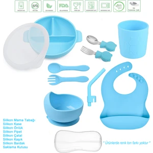 Silikon Beslenme Seti / Kapaklı Vakumlu Silikon Mama Tabağı, Kase, Çatal, Kaşık, Pipet, Önlük, Bardak, Paslanmaz Çelik Çatal, Kaşık ve Saklama Kutusu / Mavi
