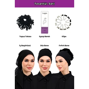 6lı Siyah Tesettür Seti - Topuz Tokası, Eşarp Bandı, Klips, Iç Başörtüsü, Düz Bone, Fırfırlı Bone