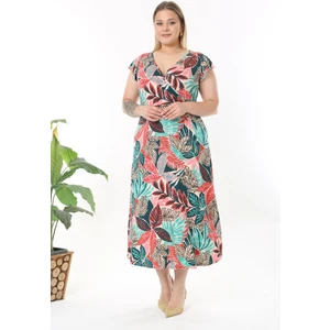 Kadın Kırmızı Yeşil Cangıl Desen Fırfır Kol Kruvaze Yaka Büyük Beden Maxi Elbise