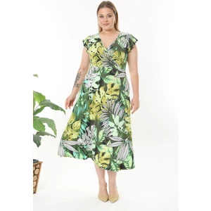 Kadın Yeşil Beyaz Tropikal Desen Fırfır Kol Kruvaze Yaka Büyük Beden Maxi Elbise