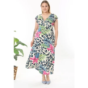 Kadın Pembe Mavi Tropikal Leopar Desen Fırfır Kol Kruvaze Yaka Büyük Beden Maxi Elbise