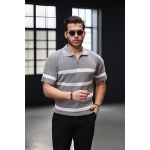 Yarım Fermuar Çizgili Oversize Triko T-Shirt - Gri
