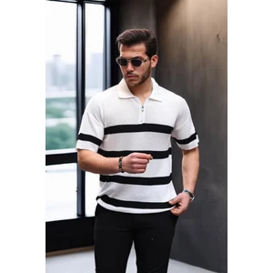 Yarım Fermuar Çizgili Oversize Triko T-Shirt - Beyaz