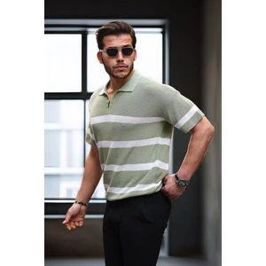 Yarım Fermuar Çizgili Oversize Triko T-Shirt - Yeşil