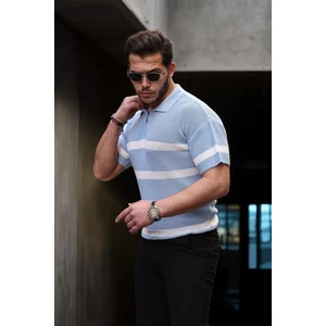 Yarım Fermuar Çizgili Oversize Triko T-Shirt - Açık Mavi