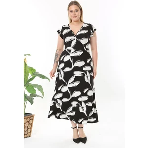 Kadın Siyah Beyaz Soyut Desen Fırfır Kol Kruvaze Yaka Büyük Beden Maxi Elbise