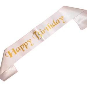 Happy Bırthday Gold Yazılı Beyaz Saten Kuşak