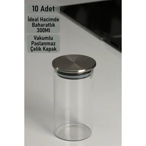 10 Adet Baharatlık Borosilikat ( Cam ) Çelik Kapaklı 300ML Yuvarlak Kavanoz ve Baharat Etiketi