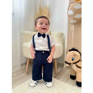 Gözlük Hediyeli Erkek Çocuk Dörtlü Takım Desenli Gömlek, Papyon, Askılı Kapri Pantolon