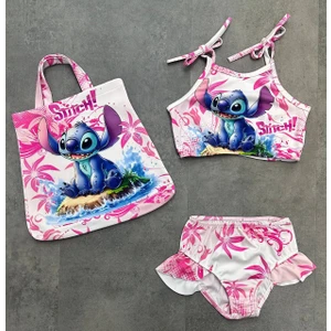 Kız Çocuk Stıch Baskı Çantalı Bikini Takımı