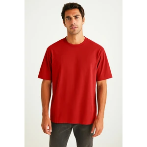Erkek Kırmızı Oversize Bisiklet Yaka %100 Pamuk Düz Basic Yazlık T-Shirt