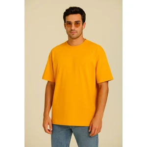 Erkek Hardal/Sarı Oversize Bisiklet Yaka %100 Pamuk Düz Basic Yazlık T-Shirt
