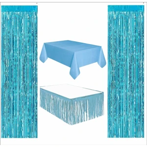 Mavi Masa Örtüsü ve Mavi Masa Eteği, 2 Adet Mavi Arka Fon Perde