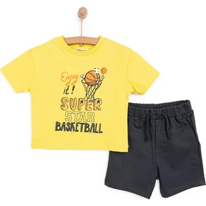 Hellobaby Erkek Bebek Tişört-Şort 2li Takım Varsity Bisiklet Yaka Reçme Paça Kısa Kol Hardal