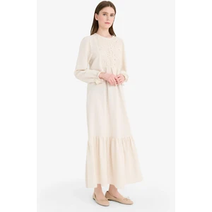 Relax Fit Bisiklet Yaka Keten Karışımlı Uzun Kollu Maxi Elbise F1384AX25SM