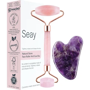 Pembe Kuvars Face Roller Ve Ametist Kalp Gua Sha Yüz Masaj Aleti Seti Değerli Doğaltaş Sertifikalı