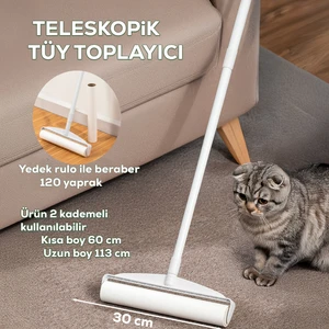 3109 Teleskopik Uzun Saplı Yedek Başlıklı Tüy Alma Rulosu Tüy Toz Alıcı Rulo 60 Yaprak