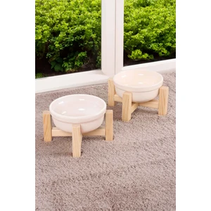 Ahşap Standlı Seramik Dekoratif Yükseltilmiş 2 Adet Kedi Köpek Mama ve Su Kabı