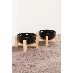 Ahşap Standlı Seramik Dekoratif Yükseltilmiş 2 Adet Kedi Köpek Mama ve Su Kabı