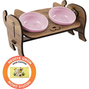 Ahşap Özel Isim Baskılı, Kedi Mama Seramik Su Kabı Standı Hediye Kedi Halısı 32x15 cm