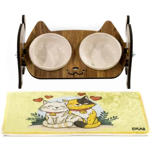 Ahşap Özel Isim Baskılı, Kedi Mama Seramik Su Kabı Standı + Hediye Kedi Halısı Beyaz