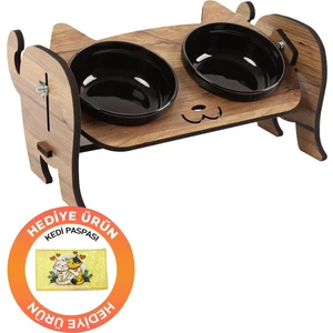 Ahşap Özel Isim Baskılı, Kedi Mama Seramik Su Kabı Standı + Hediye Kedi Halısı Siyah