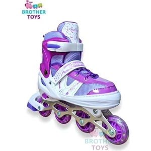 Brother Toys Çocuk Pateni Işıklı Numara Ayarlanabilen 2+2 ve 2+1+1 Teker Mor Paten Çantalı