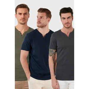 Pamuklu Düğme Detaylı Slim Fit V Yaka 3'lü Paket T Shirt Erkek T SHİRT 5902122S3