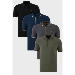 Pamuklu Slim Fit Şerit Detaylı Düğmeli Polo Yaka 4'lü Paket T Shirt Erkek T SHİRT 5902118S4