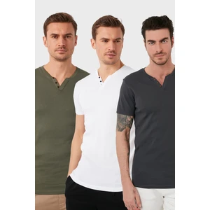 Pamuklu Düğme Detaylı Slim Fit V Yaka 3'lü Paket T Shirt Erkek T SHİRT 5902122S3