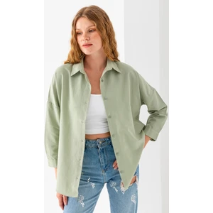 Kadın Yeşil Uzun Kollu Basic Pamuklu Oversize Gömlek - 3900