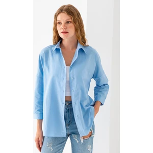 Kadın Buz Mavi Uzun Kollu Basic Pamuklu Oversize Gömlek - 3900