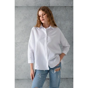 Kadın Beyaz Uzun Kollu Basic Pamuklu Oversize Gömlek - 3900