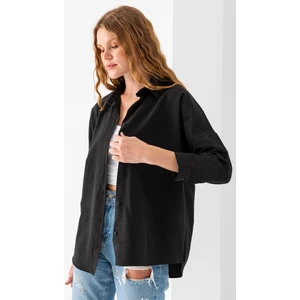 Kadın Siyah Uzun Kollu Basic Pamuklu Oversize Gömlek - 3900