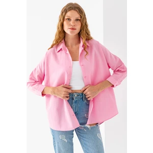 Kadın Toz Pembe Uzun Kollu Basic Pamuklu Oversize Gömlek - 3900