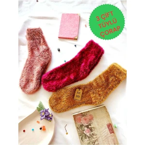 NF ND ENEFENDİ 3 Çift Tüylü Kışlık Termal Patik Dikişsiz Ev-Parti Çorabı Pembe Sarı Gülkuru 36-41.