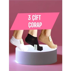 NF ND ENEFENDİ 3 Çift Babet Çorap Görünmez Spor Yoga Pilates Kaymaz Silikon Taban 36-40 Siyah Beyaz Krem Dikişsiz